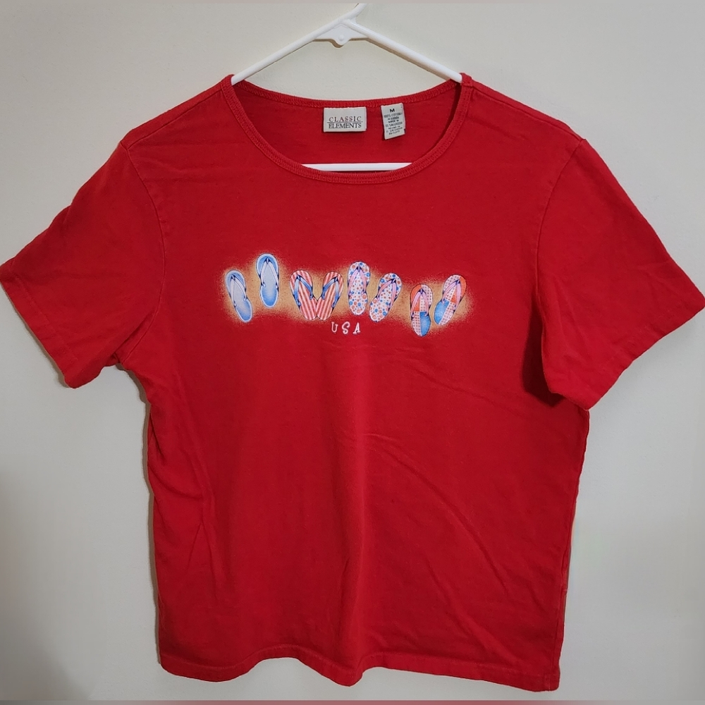 Classic Elements 100% Cotton Red T-shirt with Colored Flip Flops Women's Size M